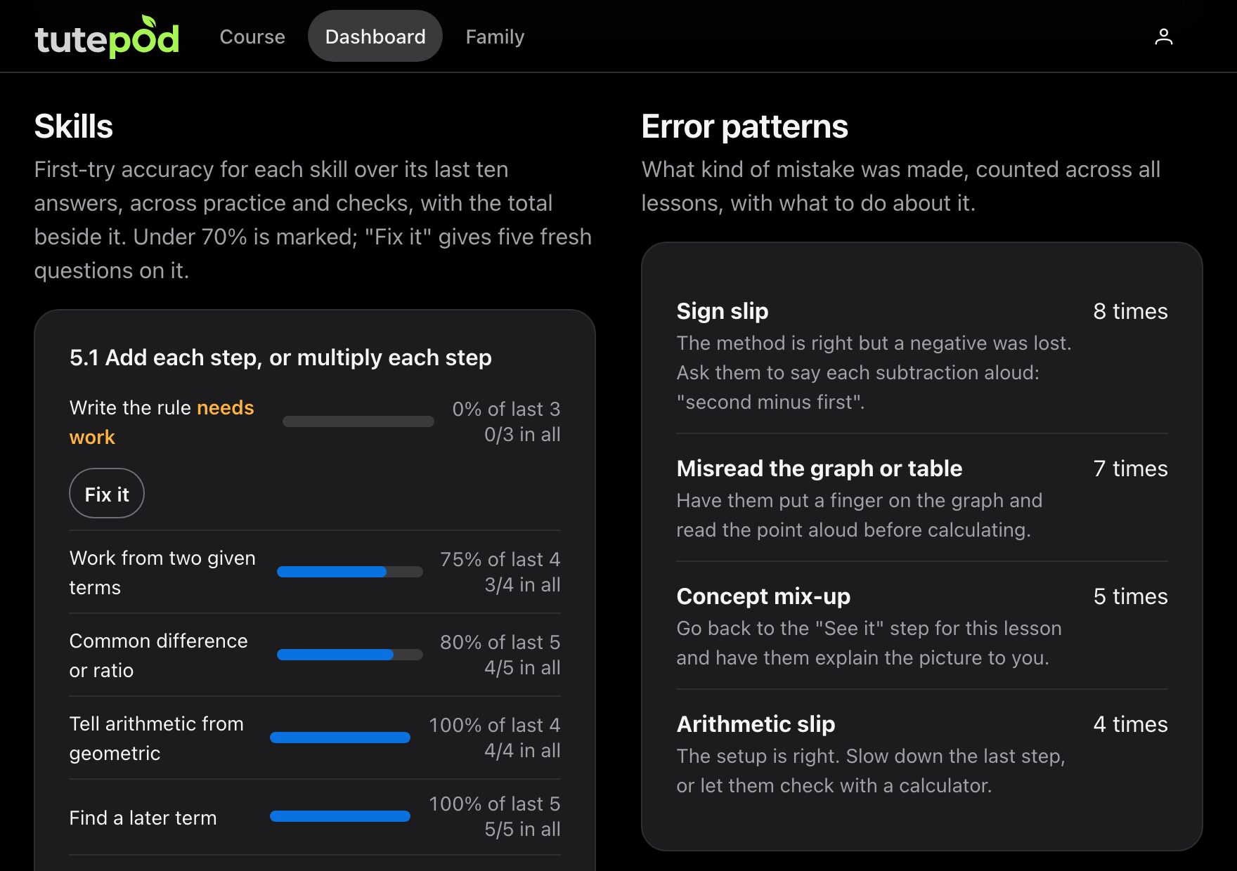 The dashboard for a sample learner: accuracy for each skill, one marked as needing work, and the kinds of mistake with a tip for each
