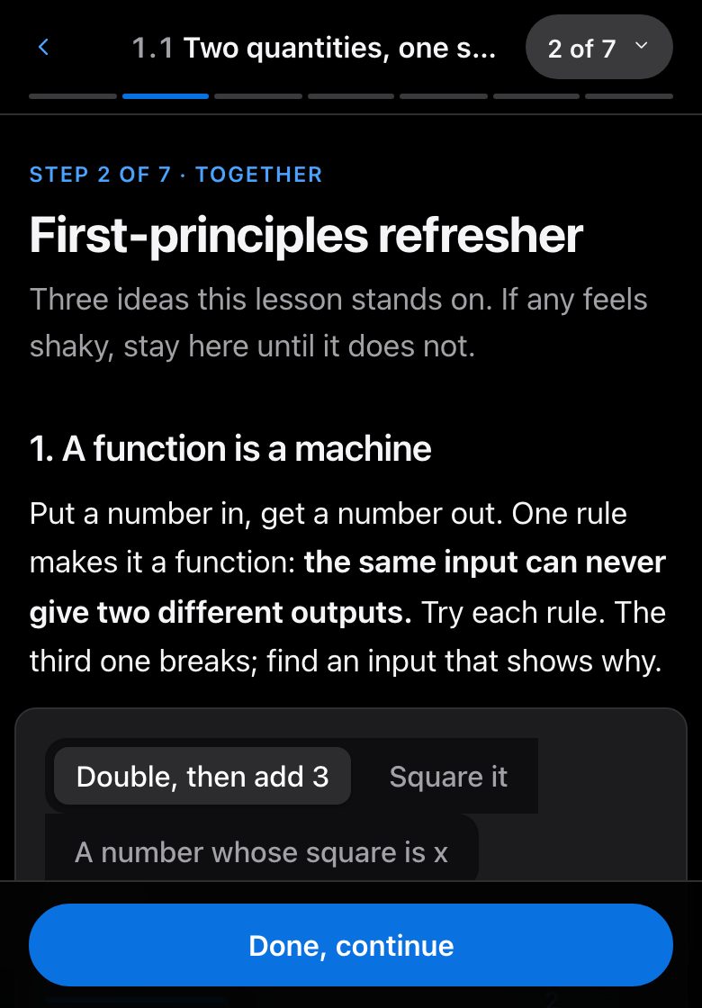 Step 2, First-principles refresher, as it looks in a lesson